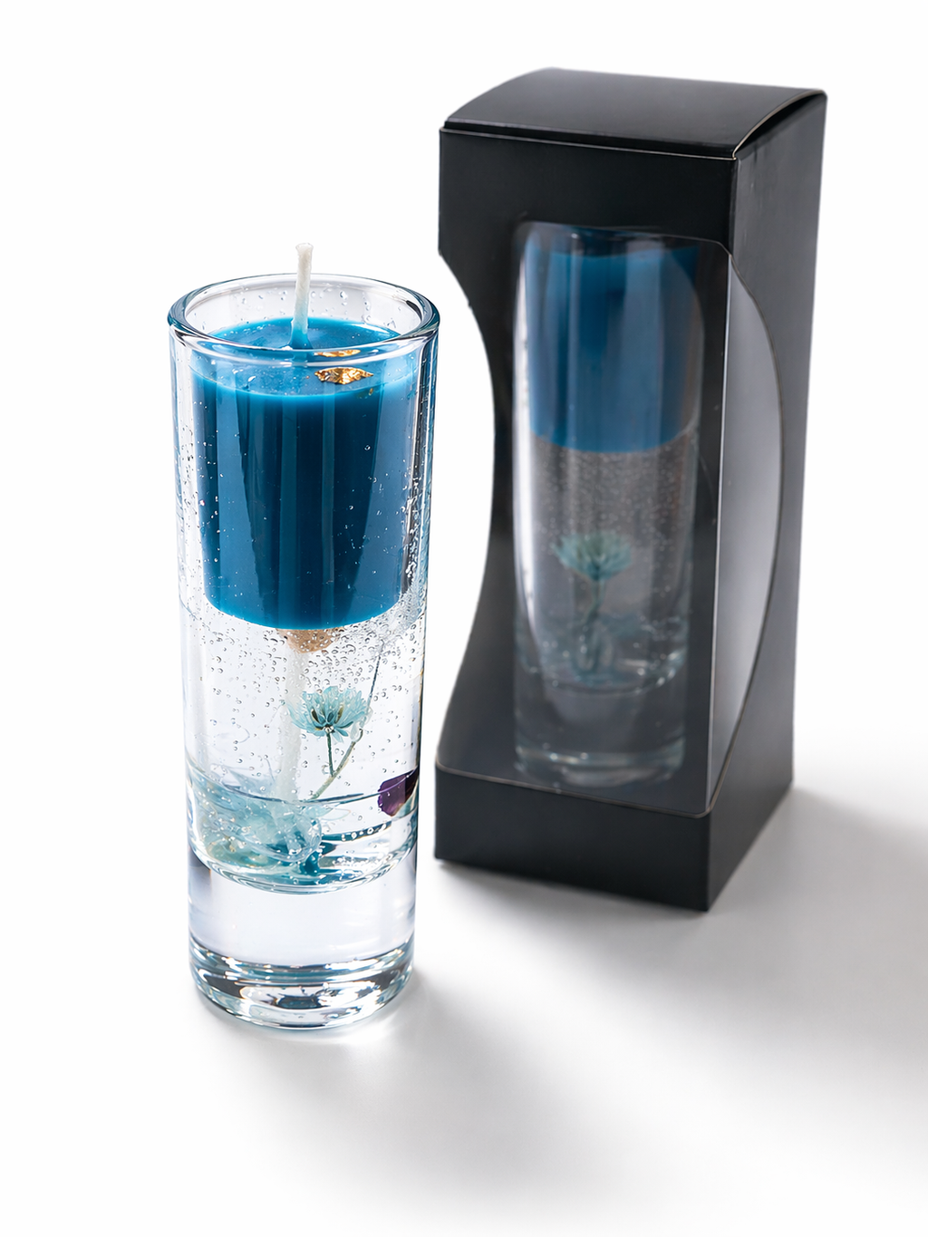 Ocean Bloom Glass Candle – Blue Gel Floral Shot Candle | Handmade Keepsake Gift