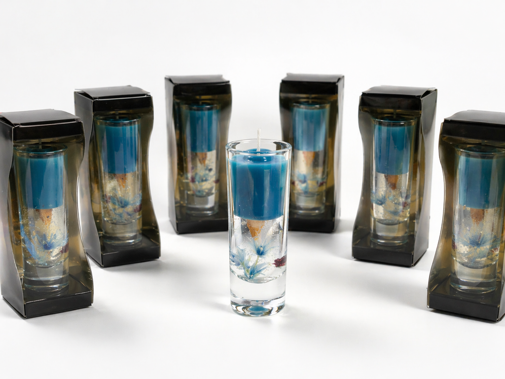 Ocean Bloom Glass Candle – Blue Gel Floral Shot Candle | Handmade Keepsake Gift