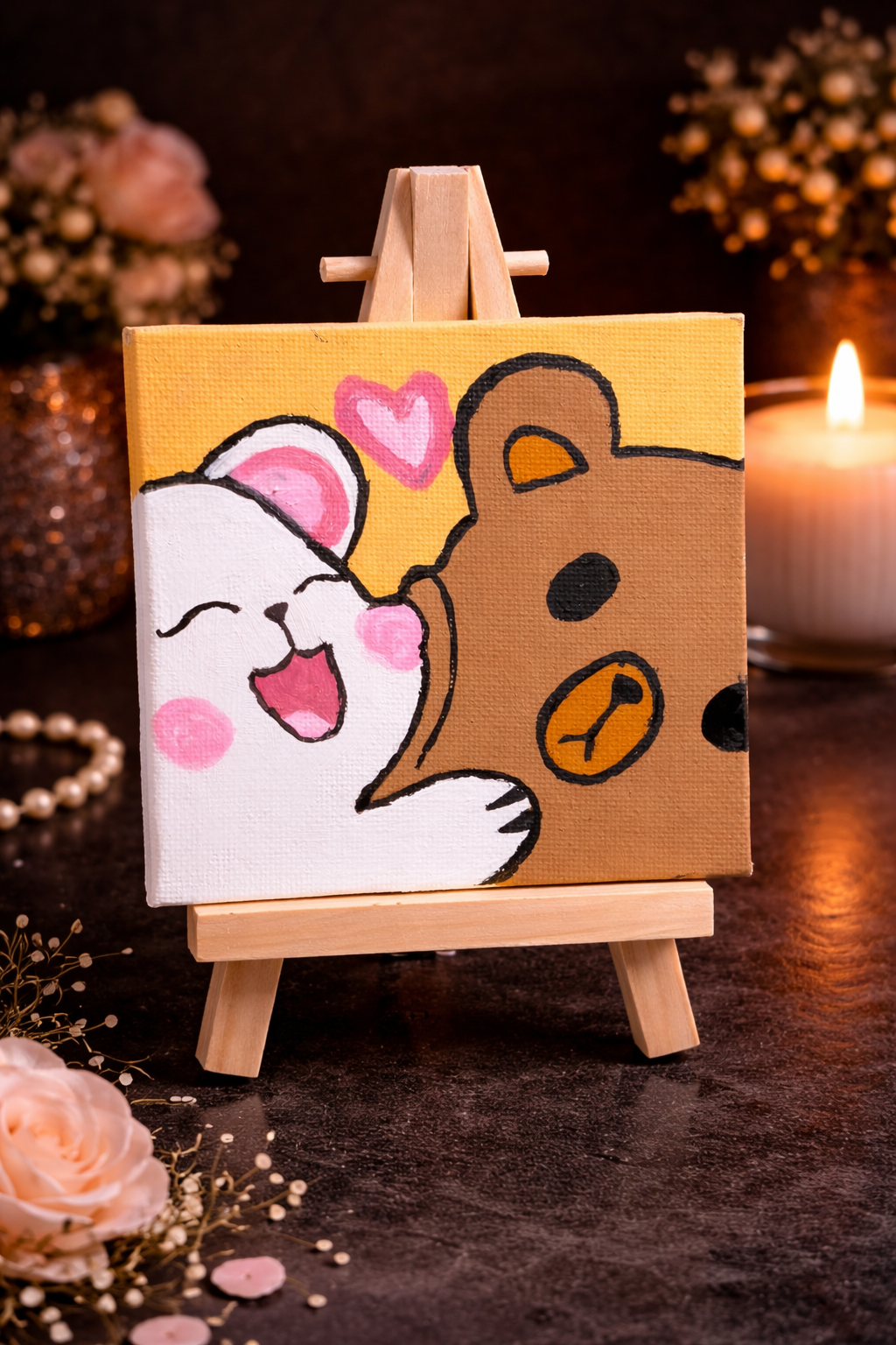 Cute Bear Love Mini Canvas – Hand-Painted Romantic Artwork