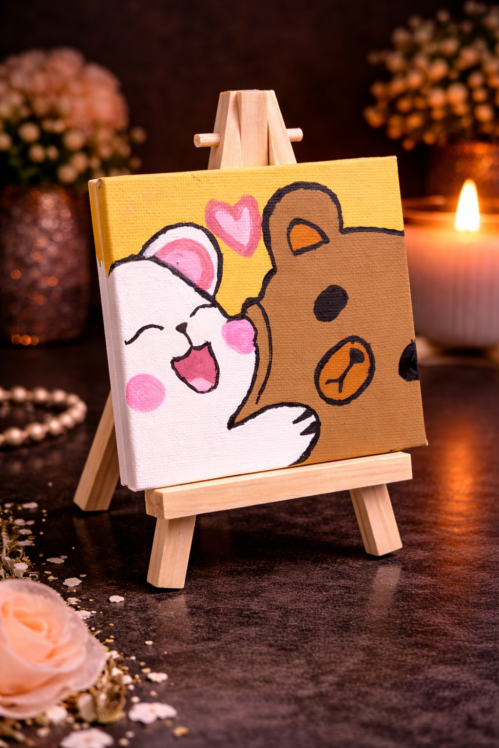 Cute Bear Love Mini Canvas – Hand-Painted Romantic Artwork