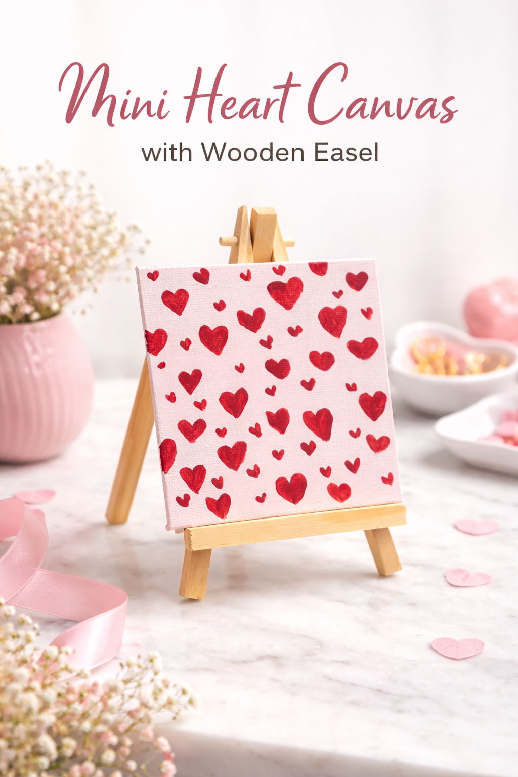 Hand-painted hearts on mini easel